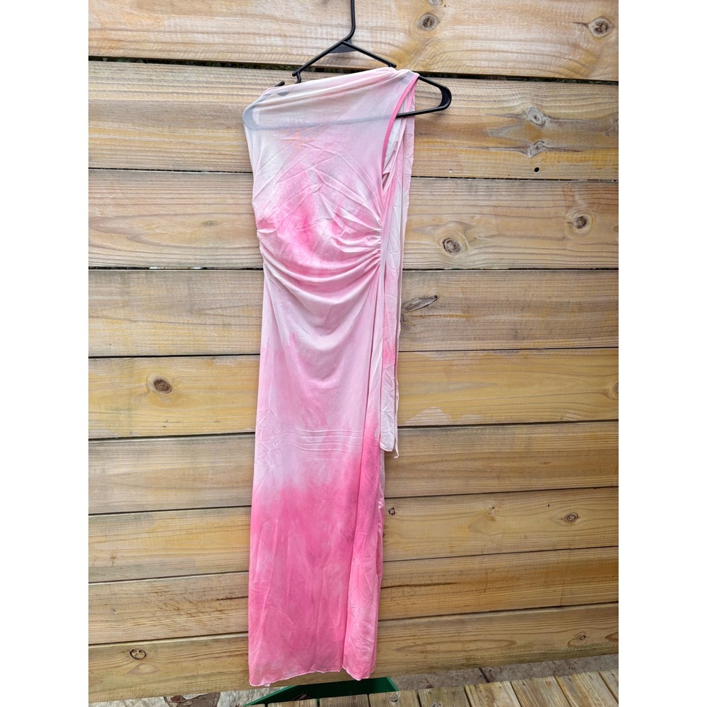 SHEIN Pink Tie Dye One Shoulder Ruched Mesh Maxi Dress XS H2325-2